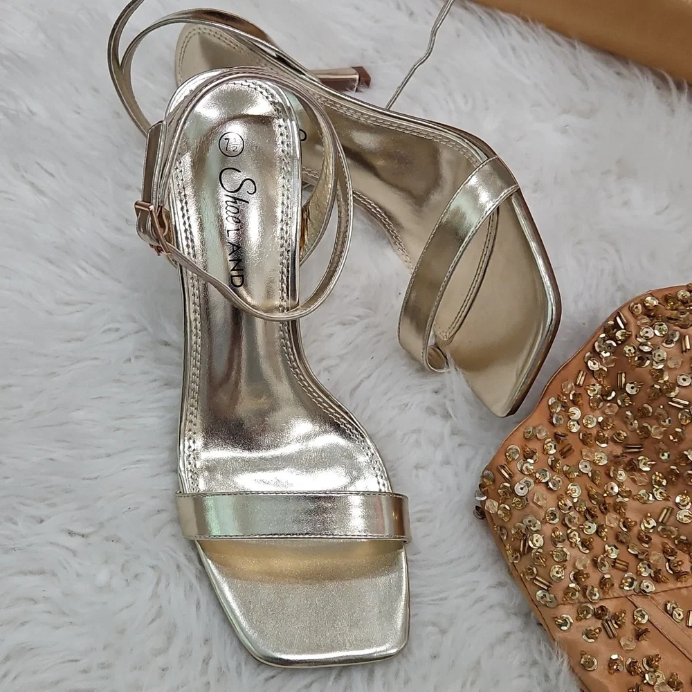 Bundle-Gold Strapless Party Dress with Scarf & Heels - Picture 4 of 14